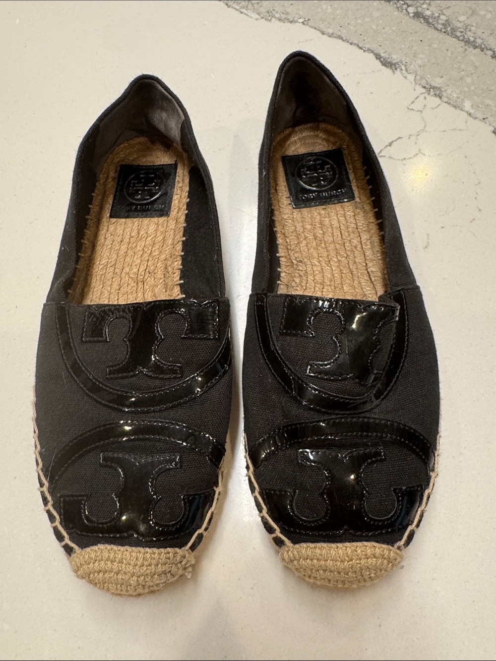 Tory Burch Black Canvas Espadrille Flats with Patent Logo Worn Once Sz8.5